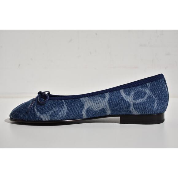 Chanel 23B Printed Denim Blue White CC Logo Bow Tie Ballet Ballerina Flat 38 - Picture 9 of 12